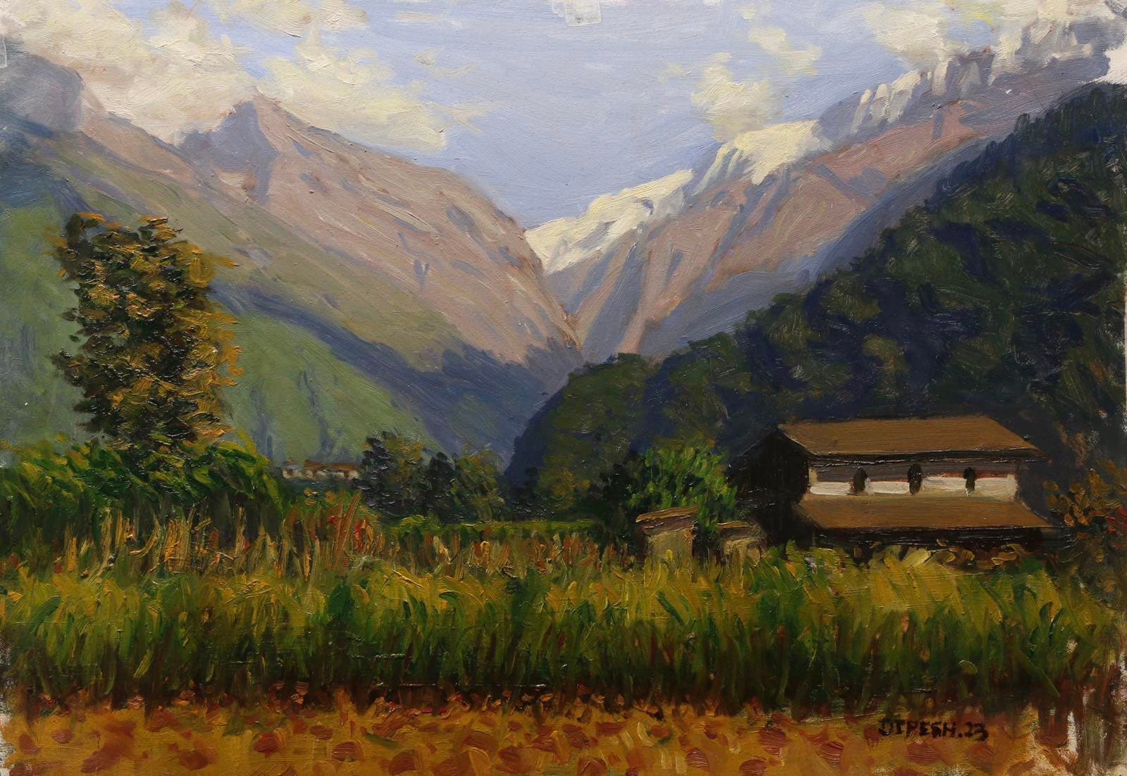 Annapurna mountains and a typical house view from Bharabhari village, pokhara