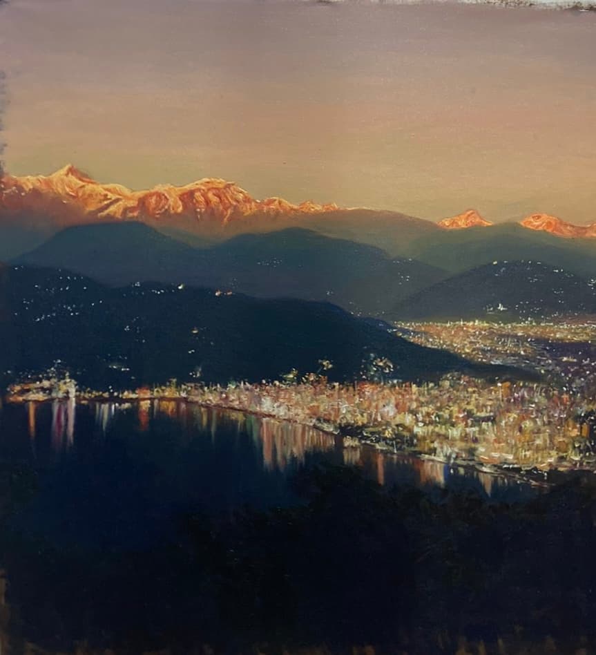 Sunset in the mountains with night light at poky