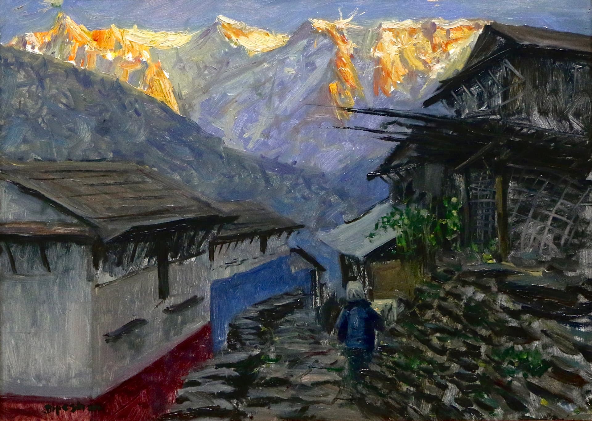 Tangting village,sunrise on Annapurna II and Lamjung Kailas Himalayas 