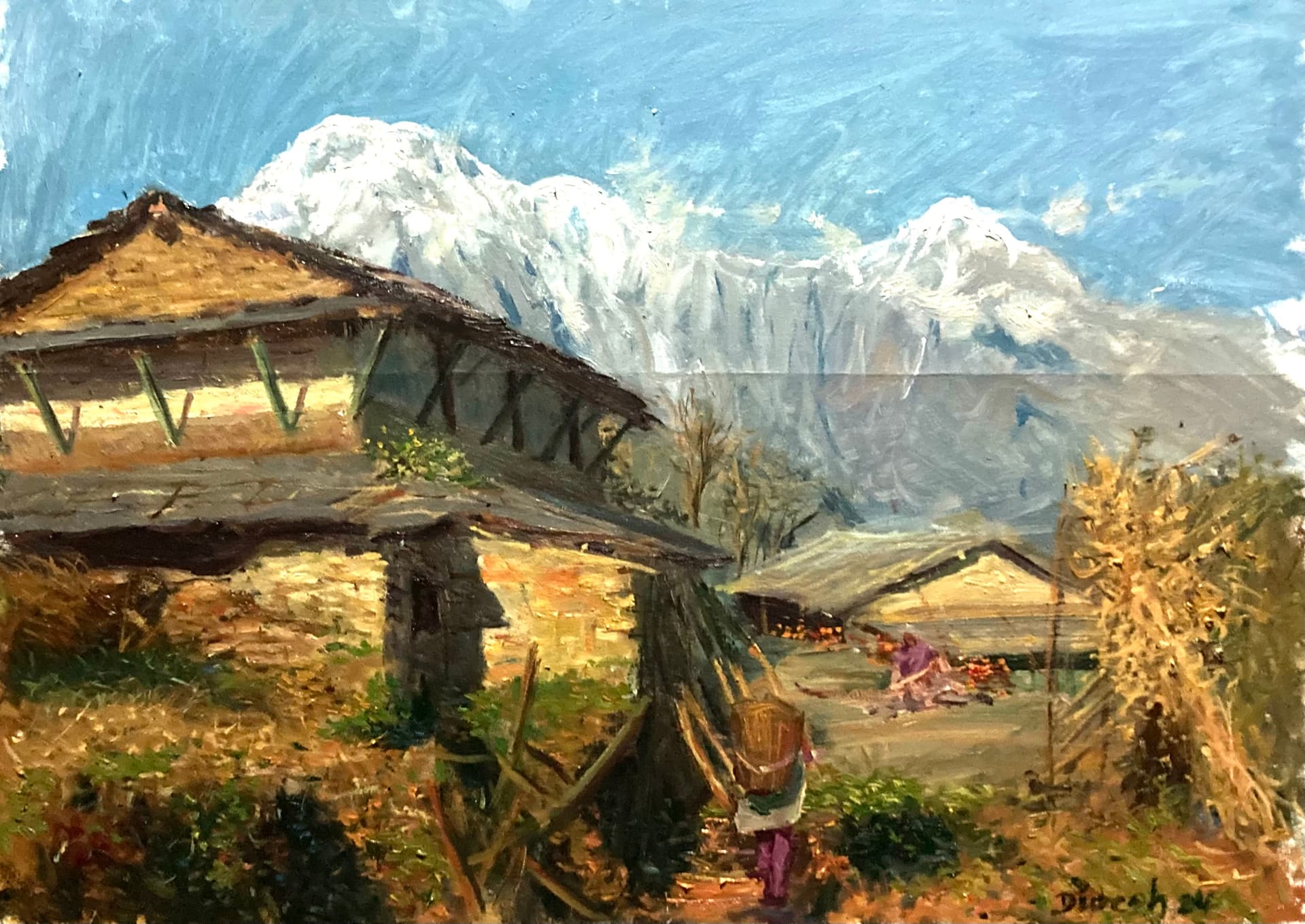 Old typical houses with Annapurna south, Ghandruk